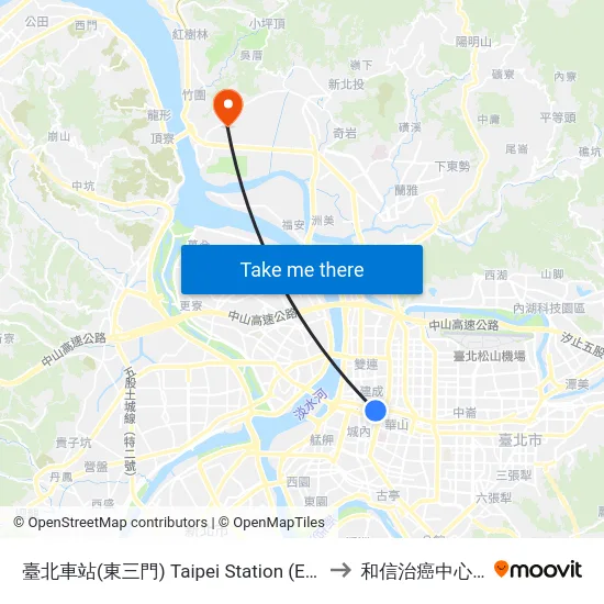 臺北車站(東三門) Taipei Station (East Gate) to 和信治癌中心醫院 map