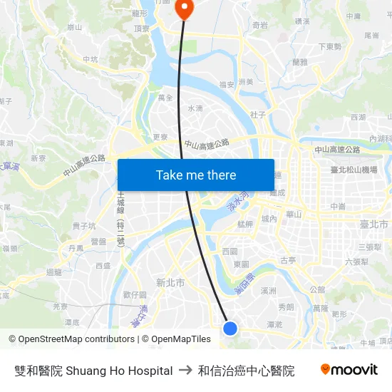 雙和醫院 Shuang Ho Hospital to 和信治癌中心醫院 map