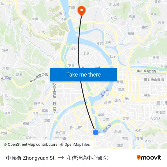 中原街 Zhongyuan St. to 和信治癌中心醫院 map