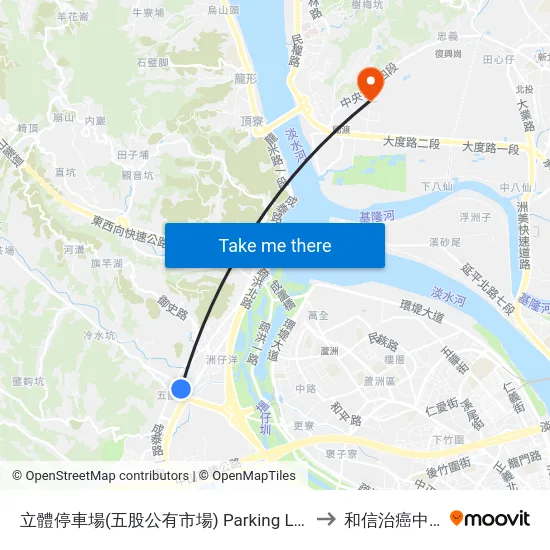 立體停車場(五股公有市場) Parking Lot(Wugu Market) to 和信治癌中心醫院 map