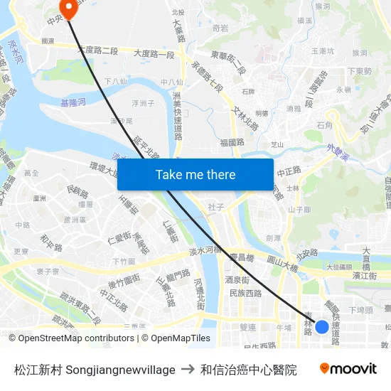 松江新村 Songjiangnewvillage to 和信治癌中心醫院 map