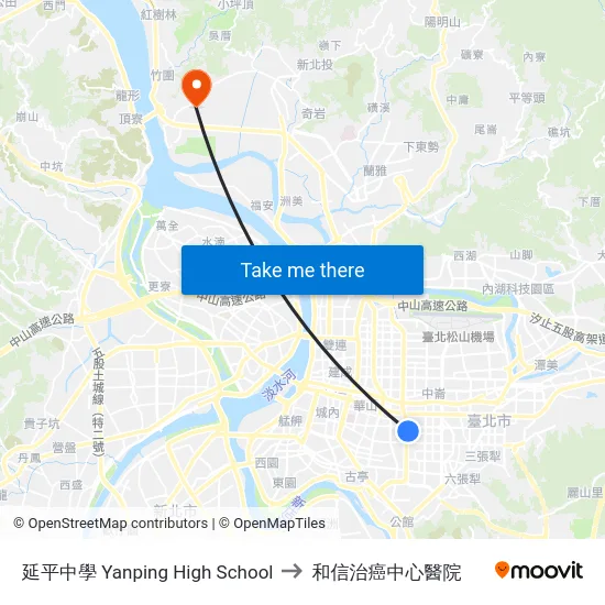 延平中學 Yanping High School to 和信治癌中心醫院 map