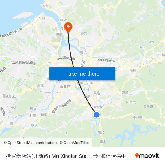 捷運新店站(北新路) Mrt Xindian Sta.(Beixin Rd.) to 和信治癌中心醫院 map