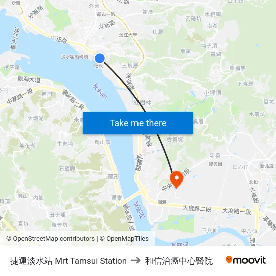捷運淡水站 Mrt Tamsui Sta. to 和信治癌中心醫院 map