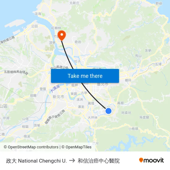 政大 National Chengchi U. to 和信治癌中心醫院 map