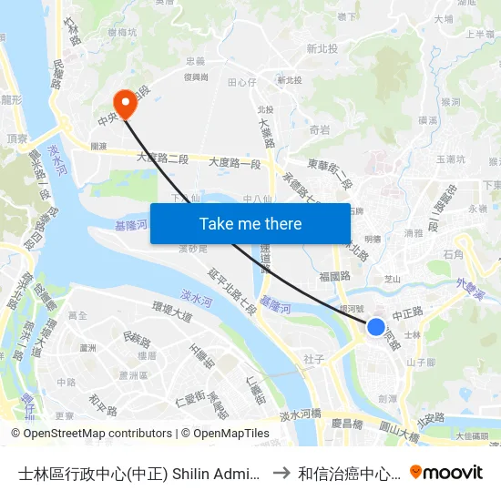 士林區行政中心(中正) Shilin Admin. Center to 和信治癌中心醫院 map