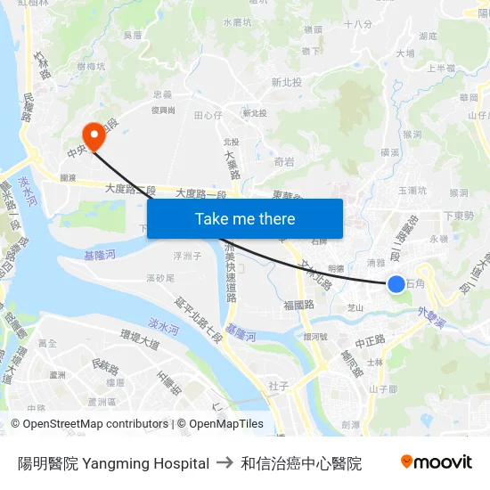 陽明醫院 Yangming Hospital to 和信治癌中心醫院 map