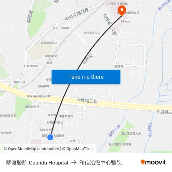 關渡醫院 Guandu Hospital to 和信治癌中心醫院 map