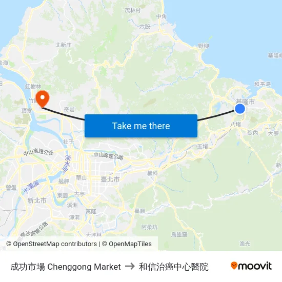 成功市場 Chenggong Market to 和信治癌中心醫院 map