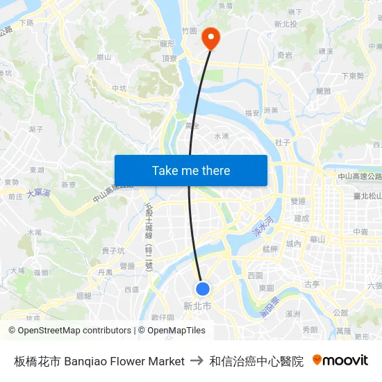 板橋花市 Banqiao Flower Market to 和信治癌中心醫院 map