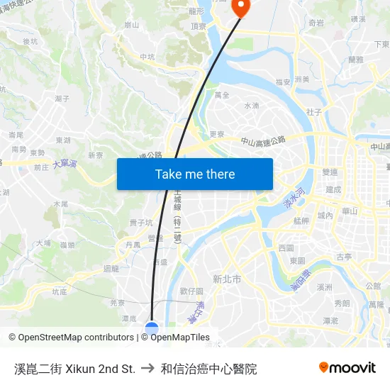 溪崑二街 Xikun 2nd St. to 和信治癌中心醫院 map