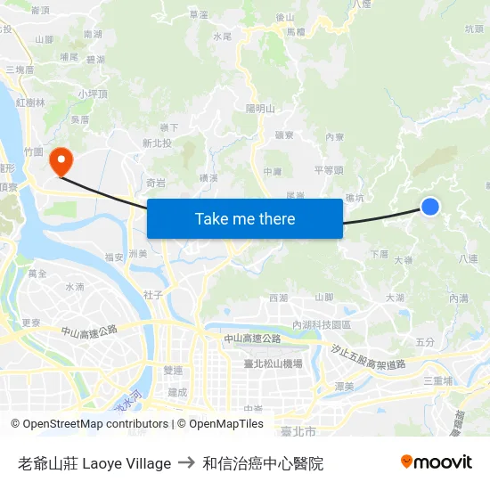 老爺山莊 Laoye Village to 和信治癌中心醫院 map