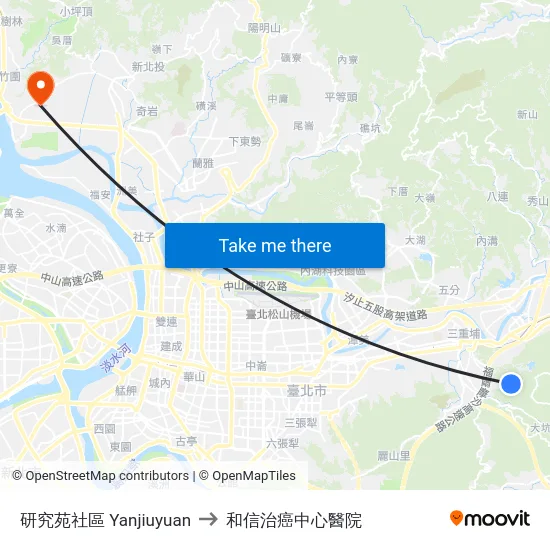 研究苑社區 Yanjiuyuan to 和信治癌中心醫院 map
