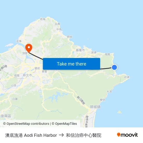 澳底漁港 Aodi Fish Harbor to 和信治癌中心醫院 map
