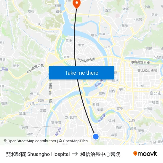 雙和醫院 Shuangho Hospital to 和信治癌中心醫院 map
