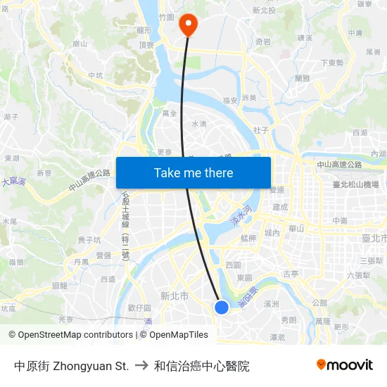 中原街 Zhongyuan St. to 和信治癌中心醫院 map