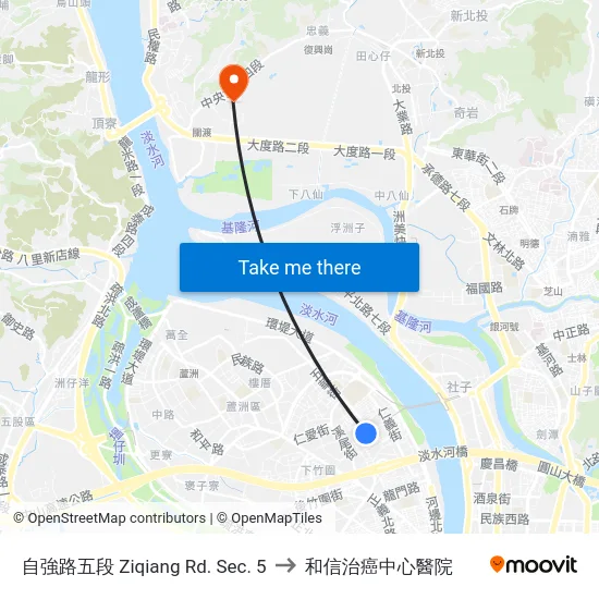 自強路五段 Ziqiang Rd. Sec. 5 to 和信治癌中心醫院 map