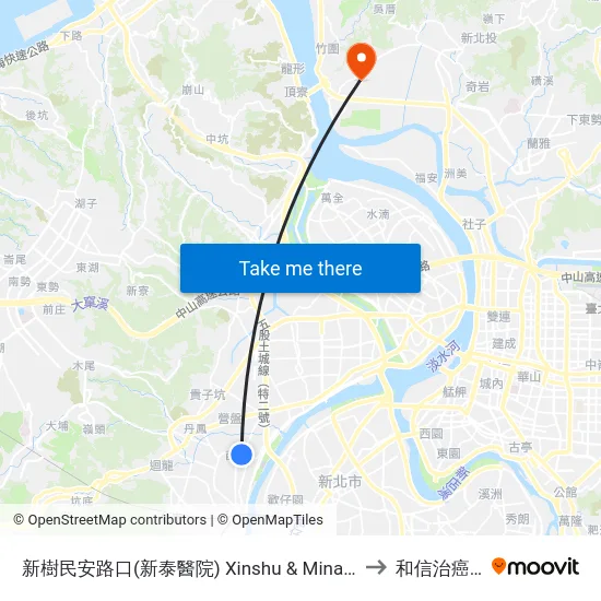 新樹民安路口(新泰醫院) Xinshu & Minan Intersection(Xintai Hospital) to 和信治癌中心醫院 map