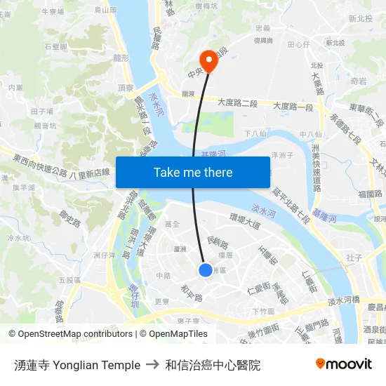 湧蓮寺 Yonglian Temple to 和信治癌中心醫院 map