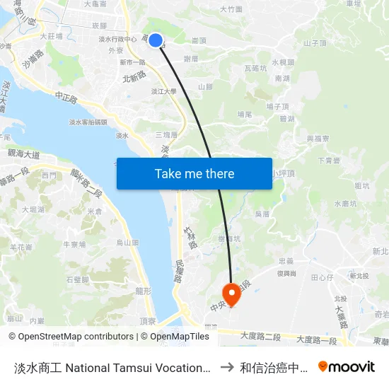 淡水商工 National Tamsui Vocational High School to 和信治癌中心醫院 map