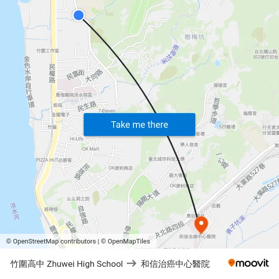 竹圍高中 Zhuwei High School to 和信治癌中心醫院 map