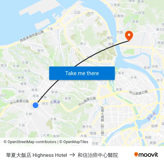 華夏大飯店 Highness Hotel to 和信治癌中心醫院 map