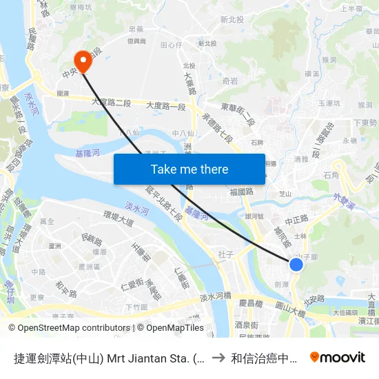 捷運劍潭站(中山) Mrt Jiantan Sta. (Zhongshan) to 和信治癌中心醫院 map