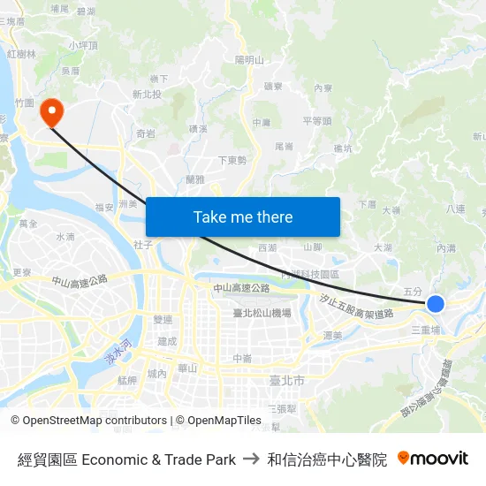 經貿園區 Economic & Trade Park to 和信治癌中心醫院 map