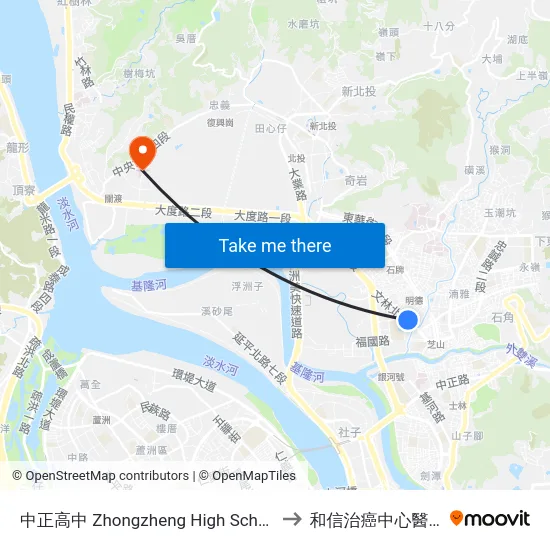 中正高中 Zhongzheng High School to 和信治癌中心醫院 map