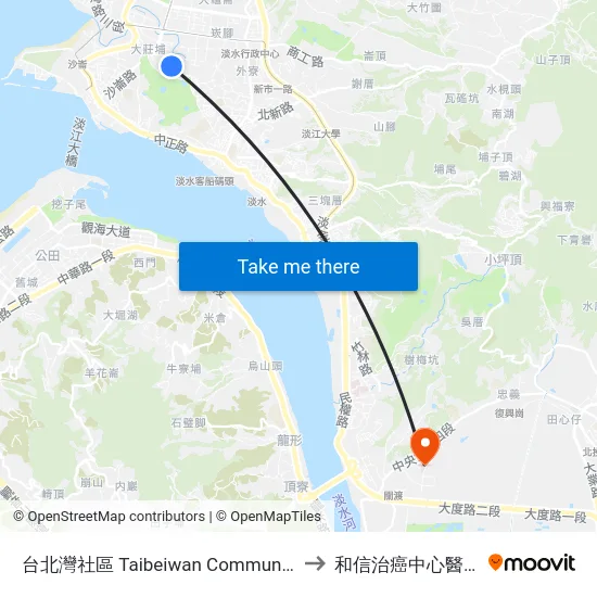 台北灣社區 Taibeiwan Community to 和信治癌中心醫院 map