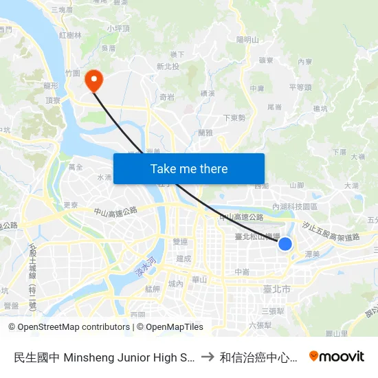 民生國中 Minsheng Junior High School to 和信治癌中心醫院 map