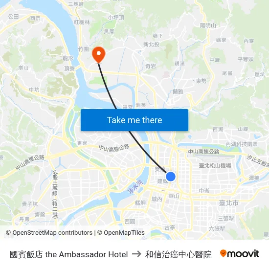 國賓飯店 the Ambassador Hotel to 和信治癌中心醫院 map