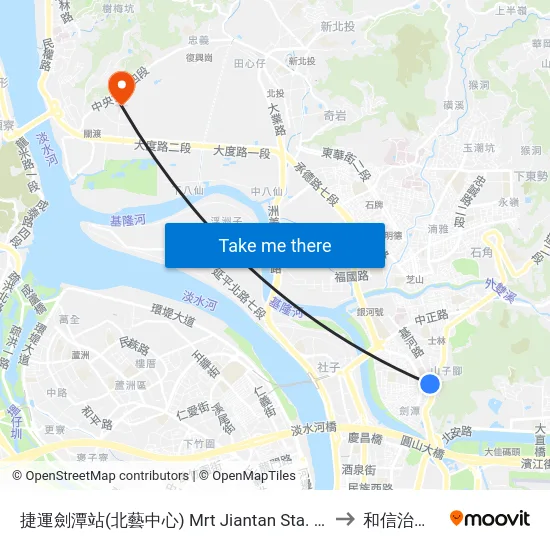 捷運劍潭站(北藝中心) Mrt Jiantan Sta. (Taipei Performing Arts Center) to 和信治癌中心醫院 map