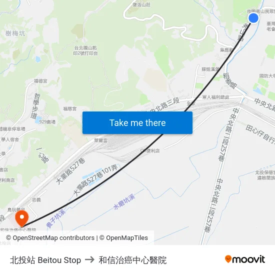 北投站 Beitou Stop to 和信治癌中心醫院 map