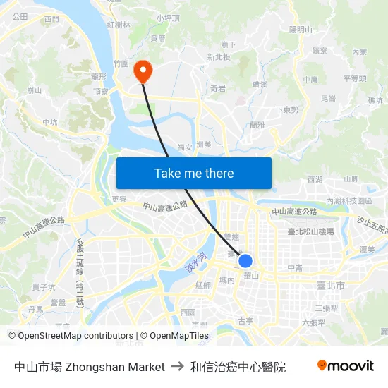 中山市場 Zhongshan Market to 和信治癌中心醫院 map
