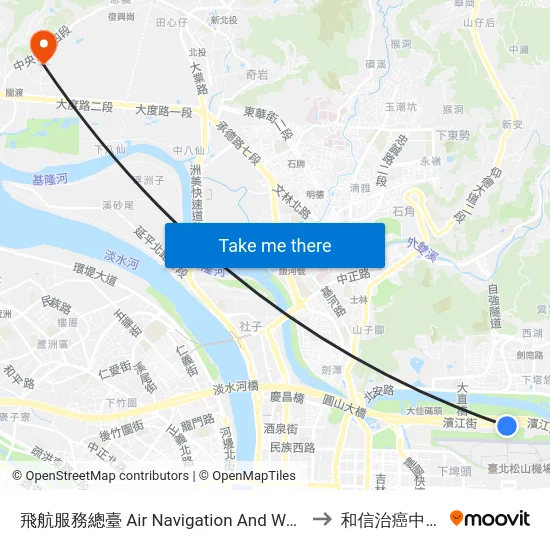 飛航服務總臺 Air Navigation And Weather Services to 和信治癌中心醫院 map