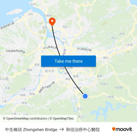 中生橋頭 Zhongshen Bridge to 和信治癌中心醫院 map