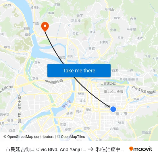 市民延吉街口 Civic Blvd. And Yanji Intersection to 和信治癌中心醫院 map