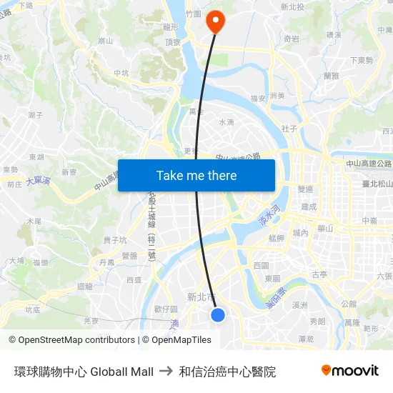 環球購物中心 Globall Mall to 和信治癌中心醫院 map