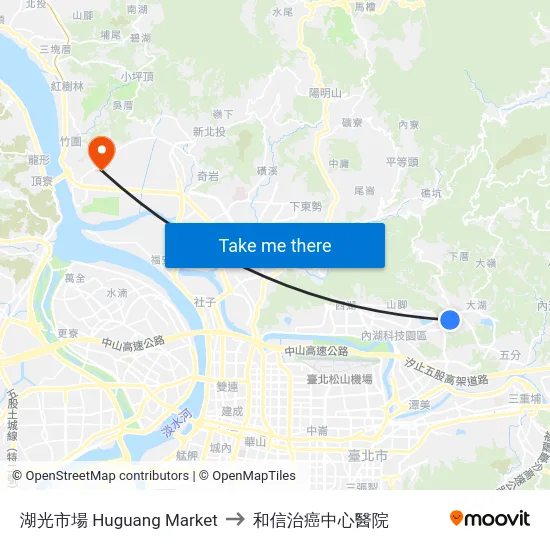 湖光市場 Huguang Market to 和信治癌中心醫院 map
