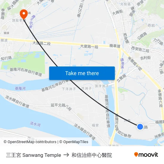三王宮 Sanwang Temple to 和信治癌中心醫院 map