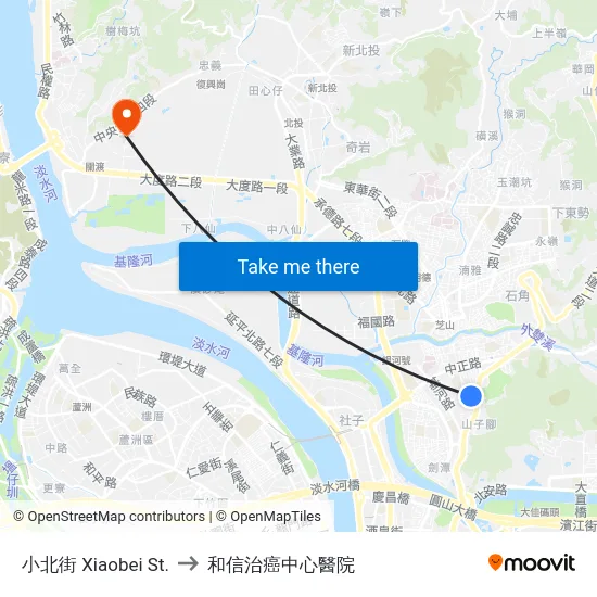 小北街 Xiaobei St. to 和信治癌中心醫院 map