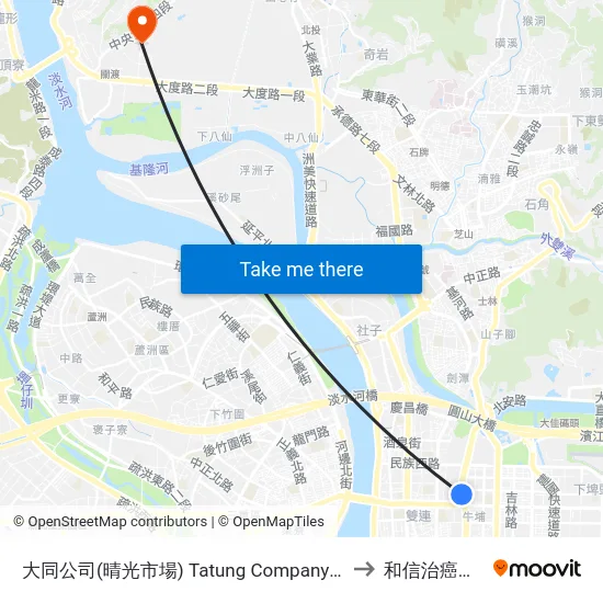 大同公司(晴光市場) Tatung Company (Qingguang Market) to 和信治癌中心醫院 map