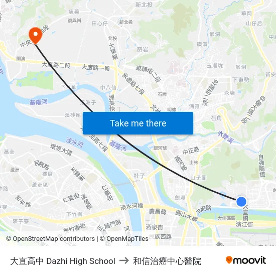 大直高中 Dazhi High School to 和信治癌中心醫院 map