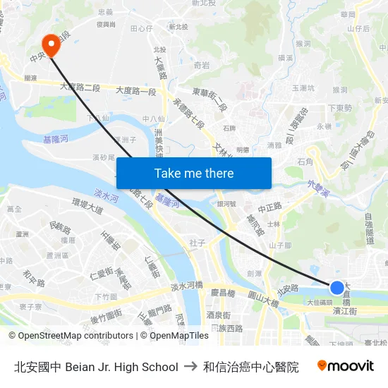 北安國中 Beian Jr. High School to 和信治癌中心醫院 map