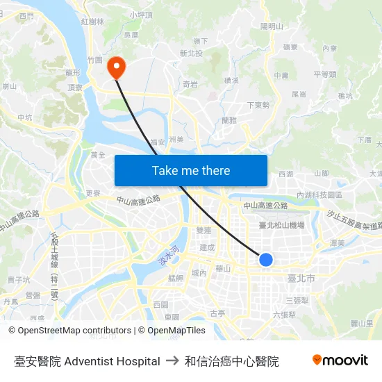 臺安醫院 Adventist Hospital to 和信治癌中心醫院 map