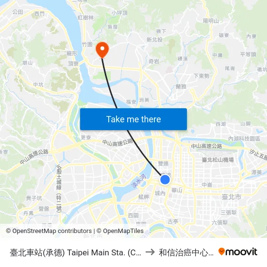 臺北車站(承德) Taipei Main Sta. (Chengde) to 和信治癌中心醫院 map