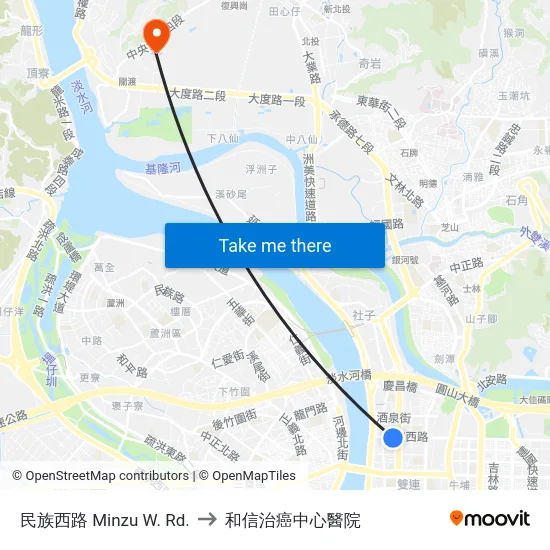 民族西路 Minzu W. Rd. to 和信治癌中心醫院 map
