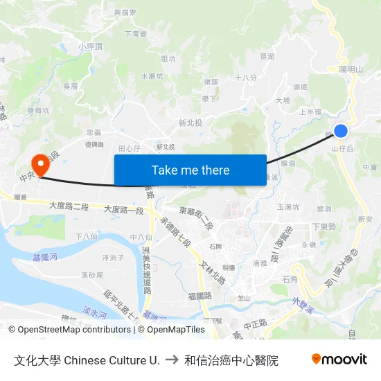 文化大學 Chinese Culture U. to 和信治癌中心醫院 map
