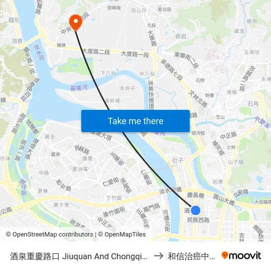 酒泉重慶路口 Jiuquan And Chongqing Intersection to 和信治癌中心醫院 map